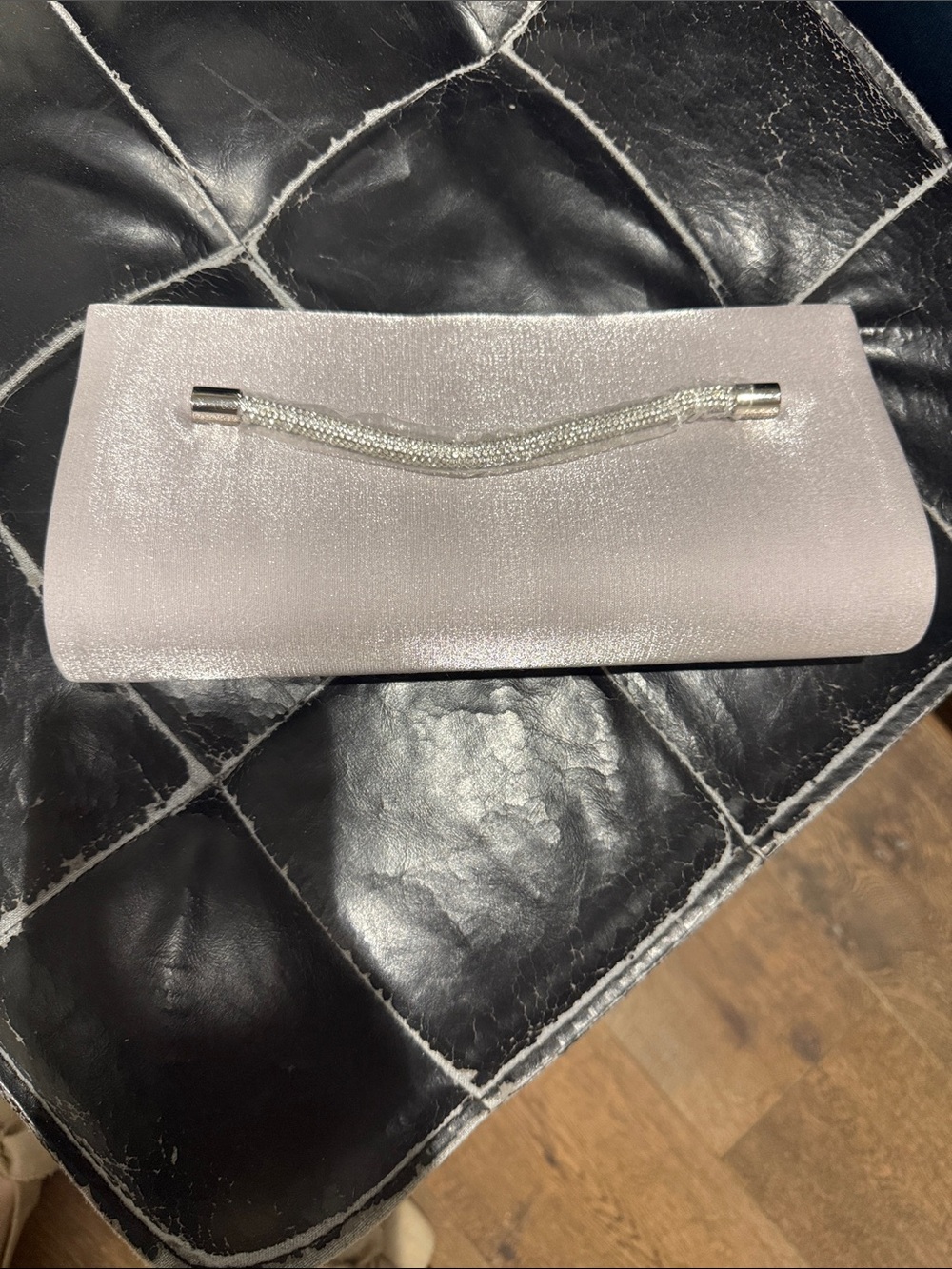 Jessica McClintock Silver Shimmer Evening Clutch with Crystal Handle